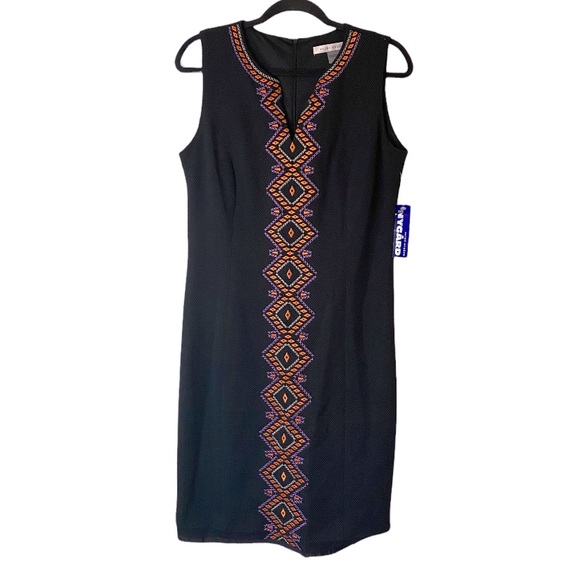 Peter Nygard Black Sleeveless Stretch Dress with Orange Purple Design NWT - Picture 1 of 11